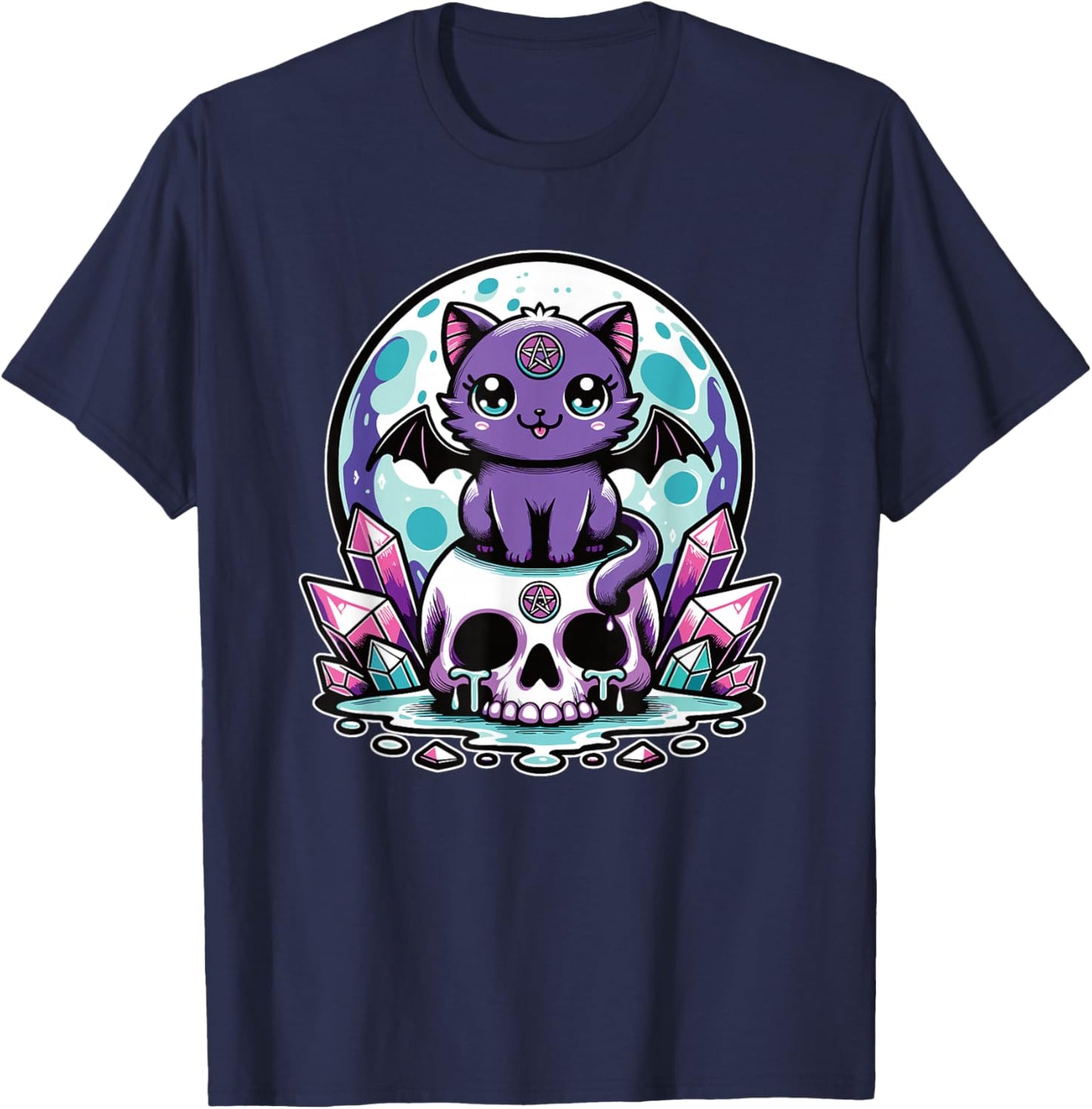 Kawaii Pastel Goth Cute Creepy Cat Bat Skeleton T-Shirt - T-Shirt | Navy
