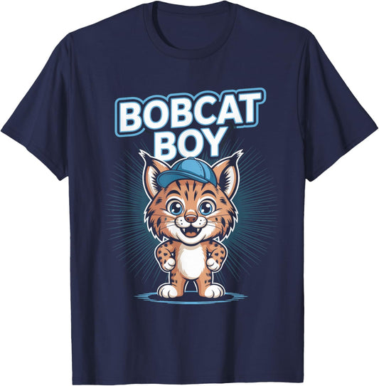 Bobcat Boy Funny Cartoon Cool Wild Forest Cat Birthday T-Shirt - T-Shirt | Navy