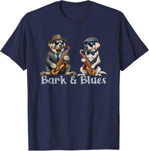 Funny Dogs Playing Saxophone Barks and Blues Jazz Lover T-Shirt - T-Shirt | Navy