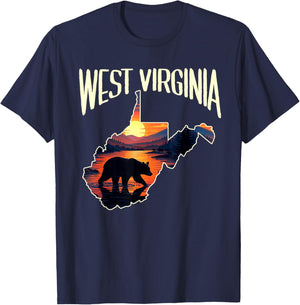 West Virginia State Map Traveling Souvenir Black Bear Sunset T-Shirt - T-Shirt | Navy