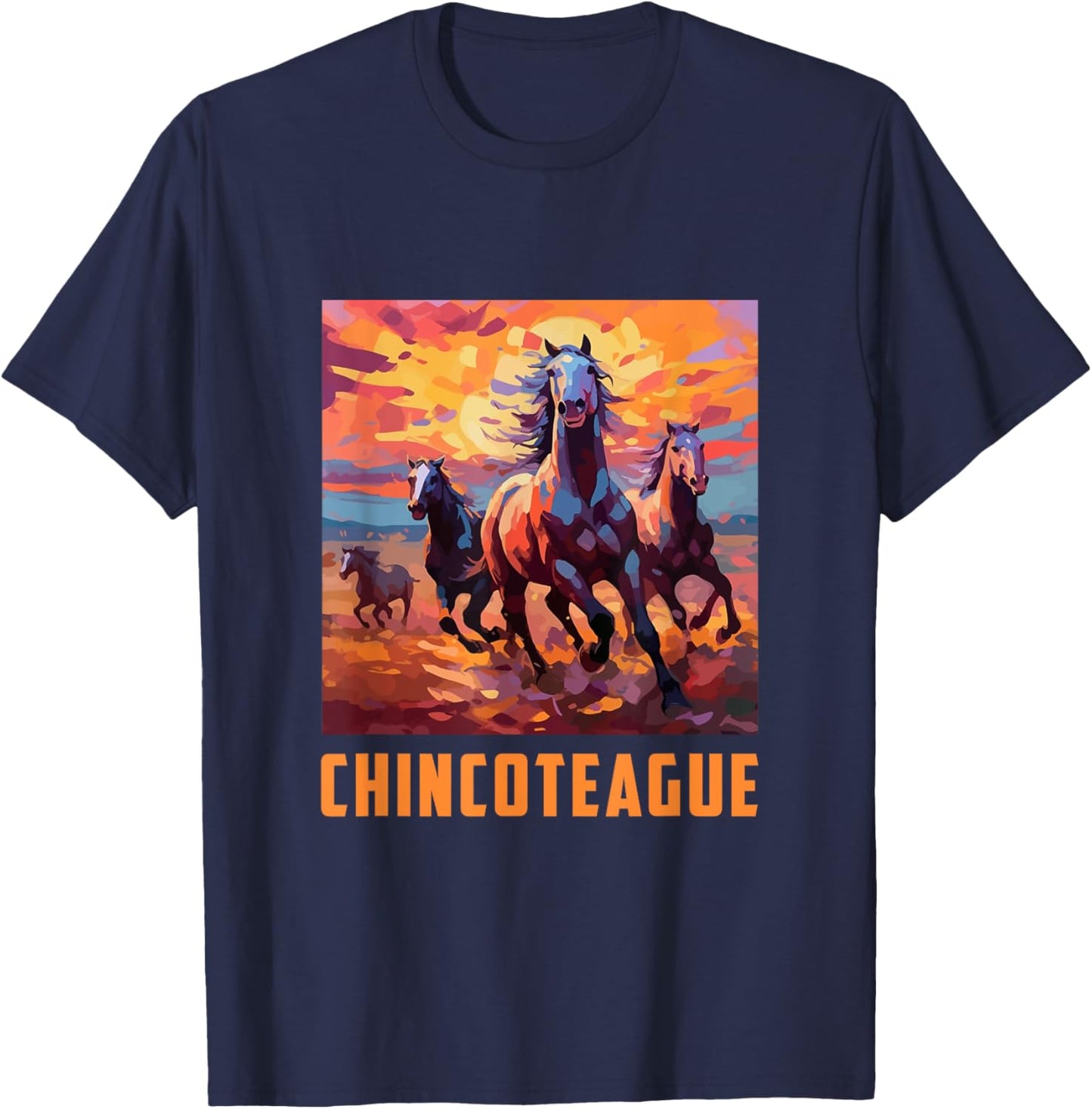Colorful Watercolor Wild Horse Graphic Chincoteague Virginia T-Shirt - T-Shirt | Navy
