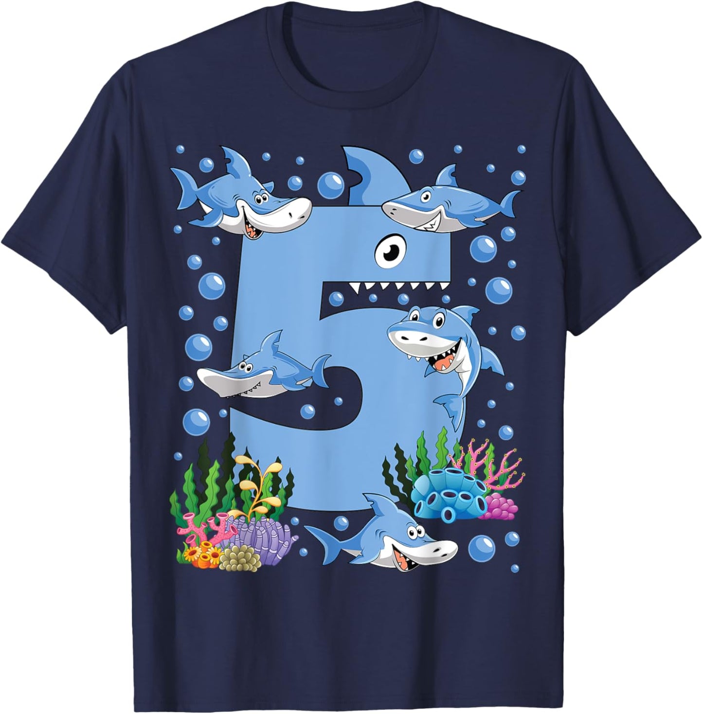 Kids 5 Years Old Shark Ocean Theme 5th Birthday Boy Party T-Shirt - T-Shirt | Navy