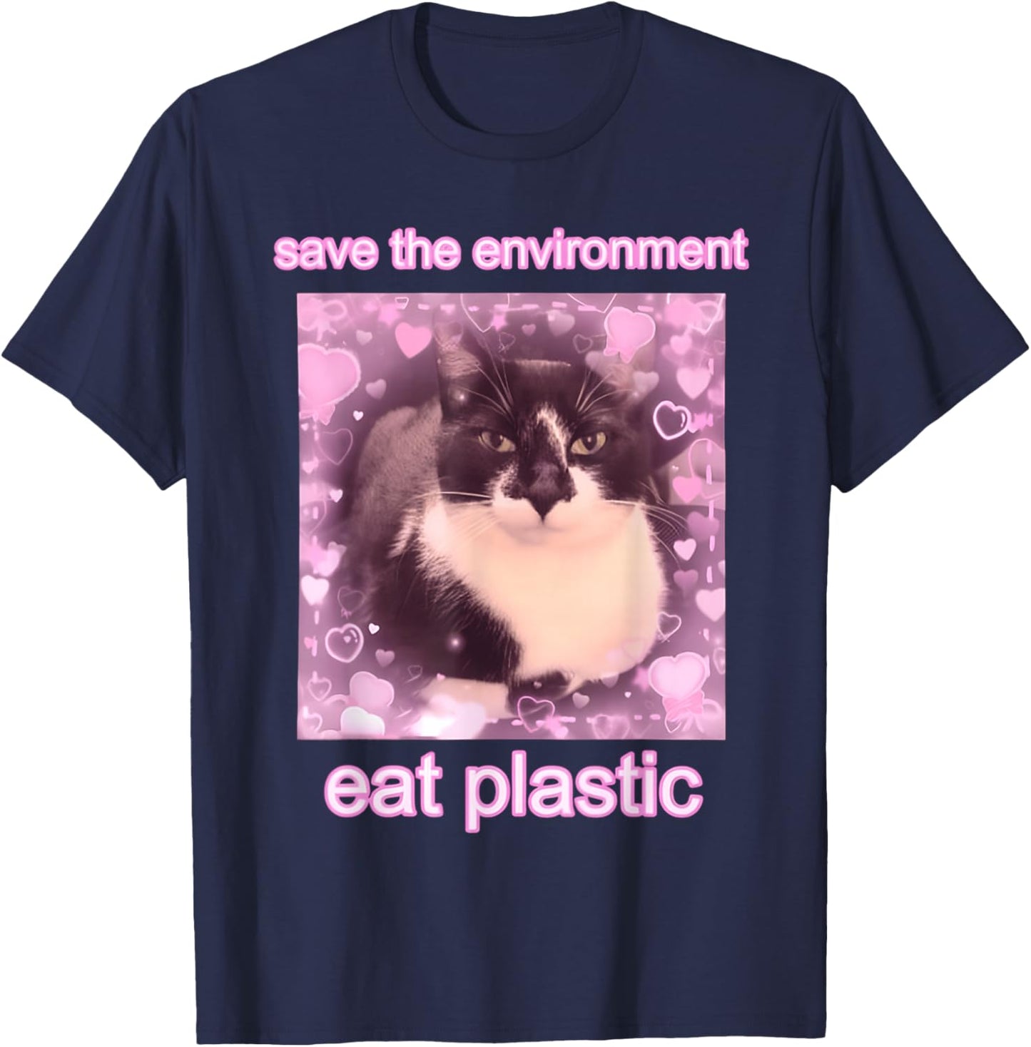 Cat Save The Environment Eat Plastic T-Shirt - T-Shirt | Navy