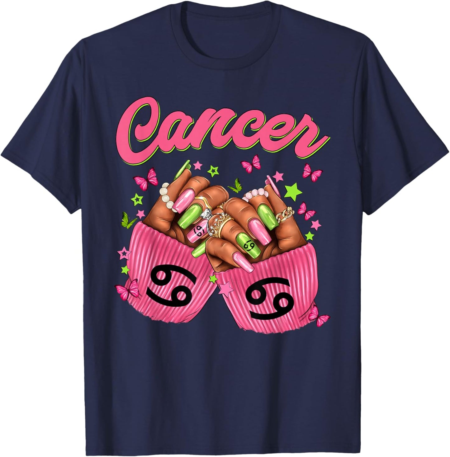 Black Women Nails Zodiac Birthday Cancer Queen T-Shirt - T-Shirt | Navy