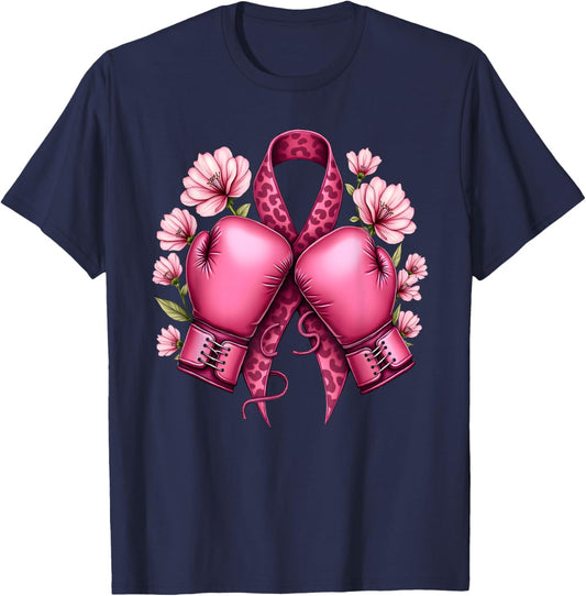 Leo Print Pink Ribbon Boxing Gloves Breast Cancer Awareness T-Shirt - T-Shirt | Navy