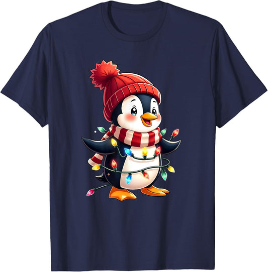 Cute Christmas Penguin Wrapped in Lights Holiday Design T-Shirt - T-Shirt | Navy