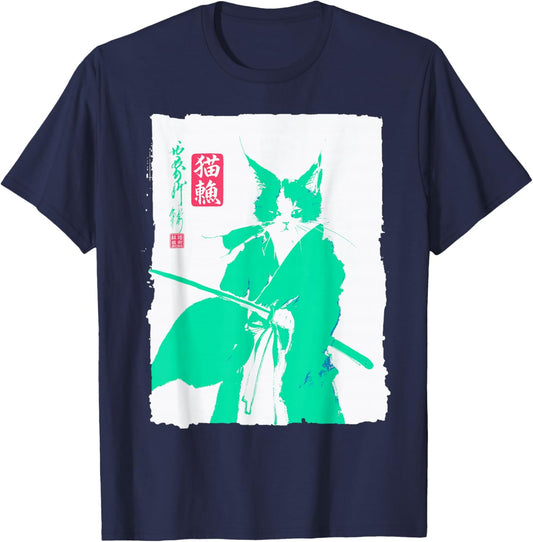 Samurai Cat Japanese Art Funny Anime Manga Graphic T-Shirt - T-Shirt | Navy
