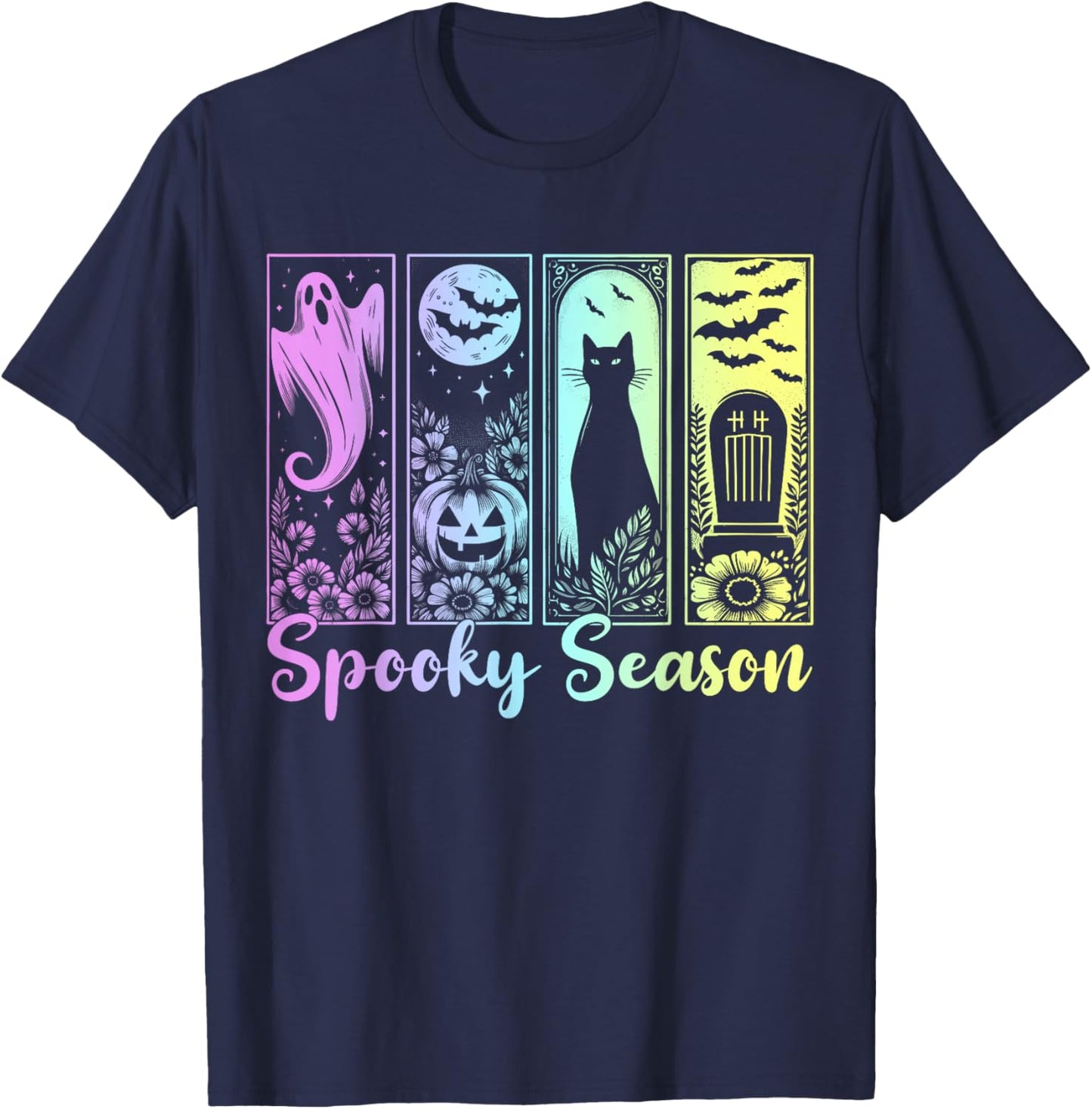 Halloween Spooky Season Horror Cat Vintage Halloween Ghost T-Shirt - T-Shirt | Navy