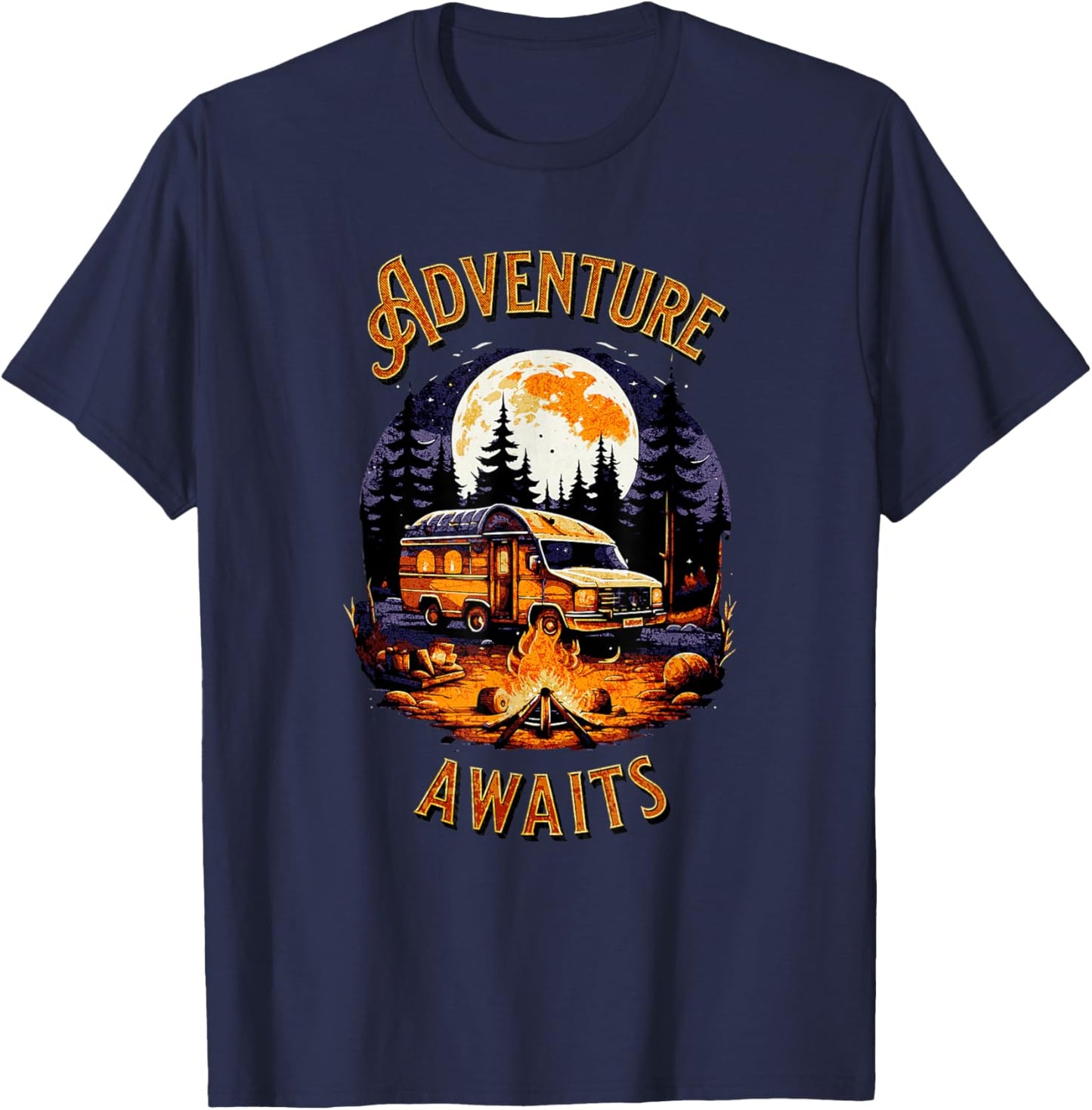 Adventure Awaits RV Camper Van Moonlight Camping Scene T-Shirt - T-Shirt | Navy