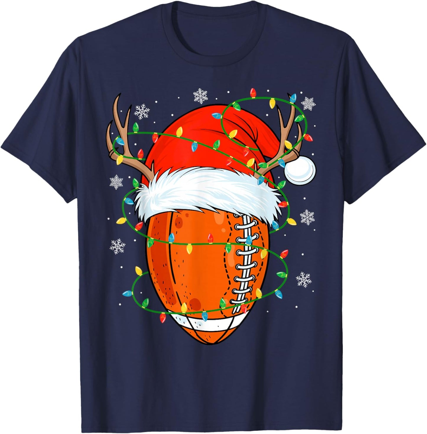 Santa Football Ball Xmas Lights Christmas Football Player T-Shirt - T-Shirt | Navy