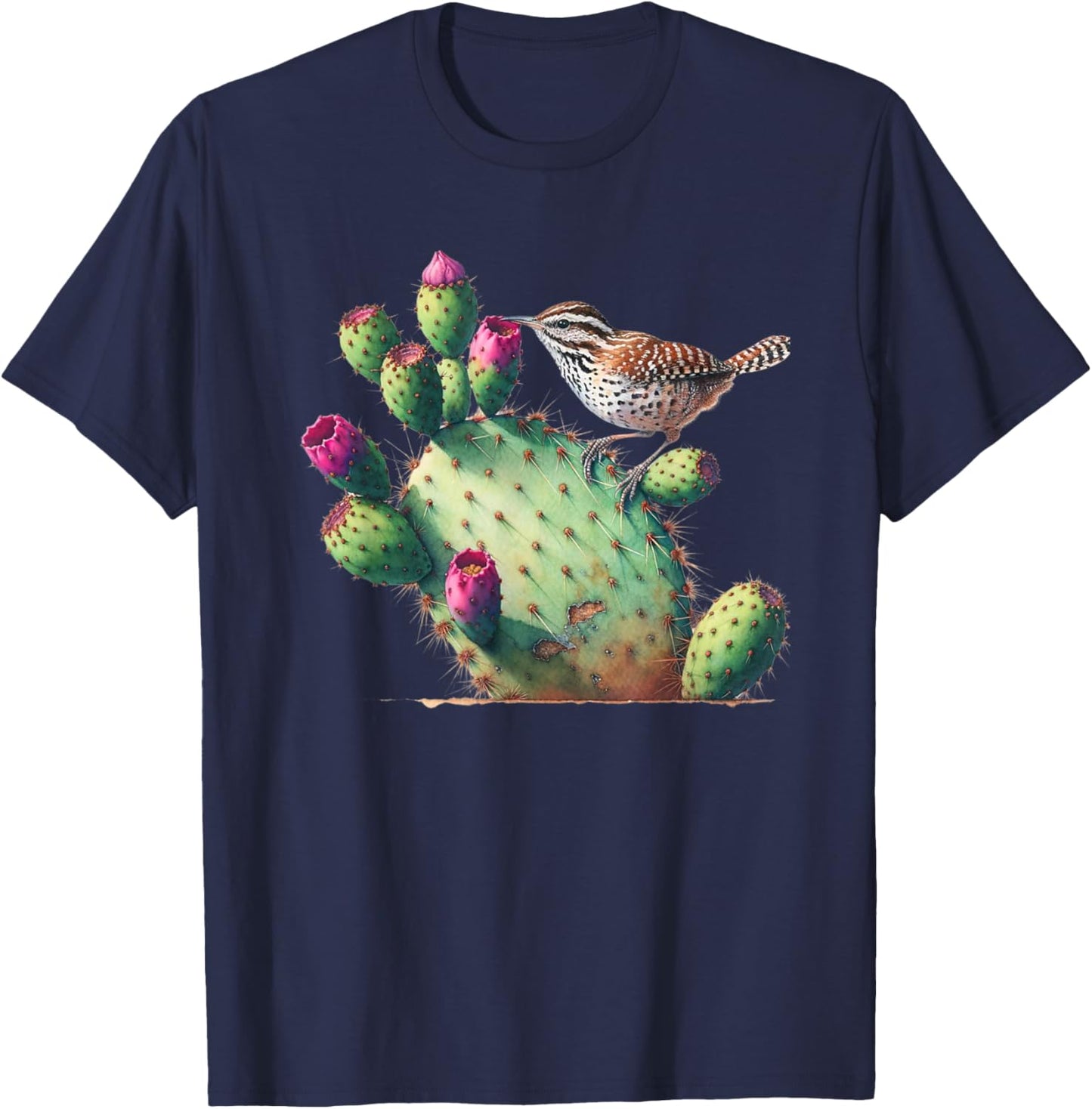 Cactus Wren & Prickly Pear Watercolor Art , Small, Black T-Shirt - T-Shirt | Navy