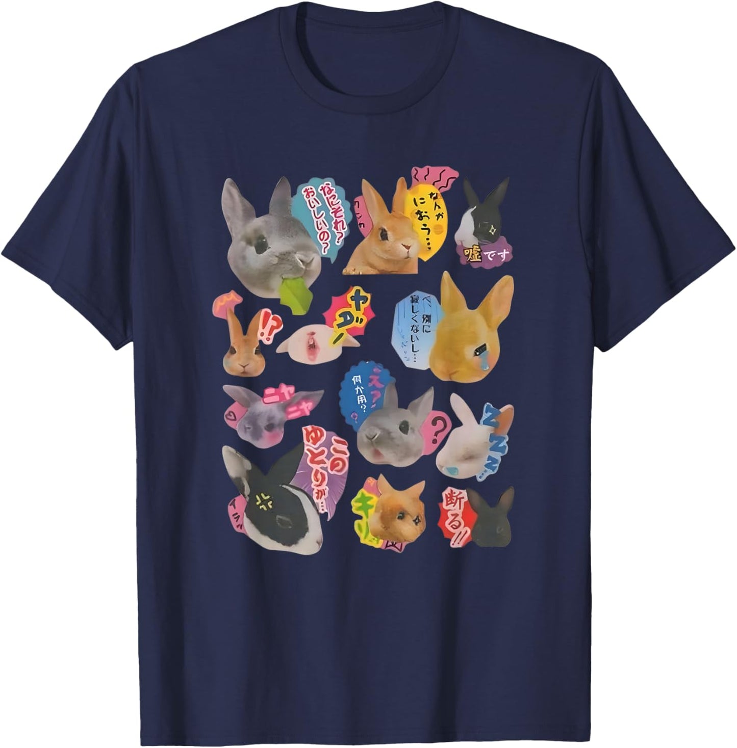 Y2K Bunny 90s Harajuku Japanese Sticker Bunny Meme Design T-Shirt - T-Shirt | Navy