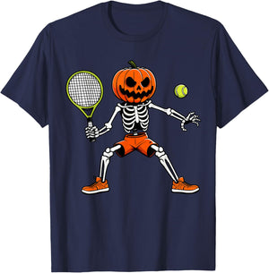 Halloween Tennis Pumpkin Head Skeleton Tennis Halloween T-Shirt - T-Shirt | Navy