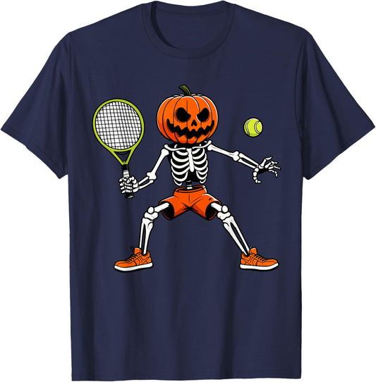 Halloween Tennis Pumpkin Head Skeleton Tennis Halloween T-Shirt - T-Shirt | Navy