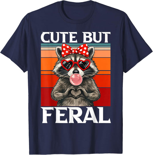 Cute But Feral Raccoon Pink Bow Sunglasses Meme Girls Kids T-Shirt - T-Shirt | Navy