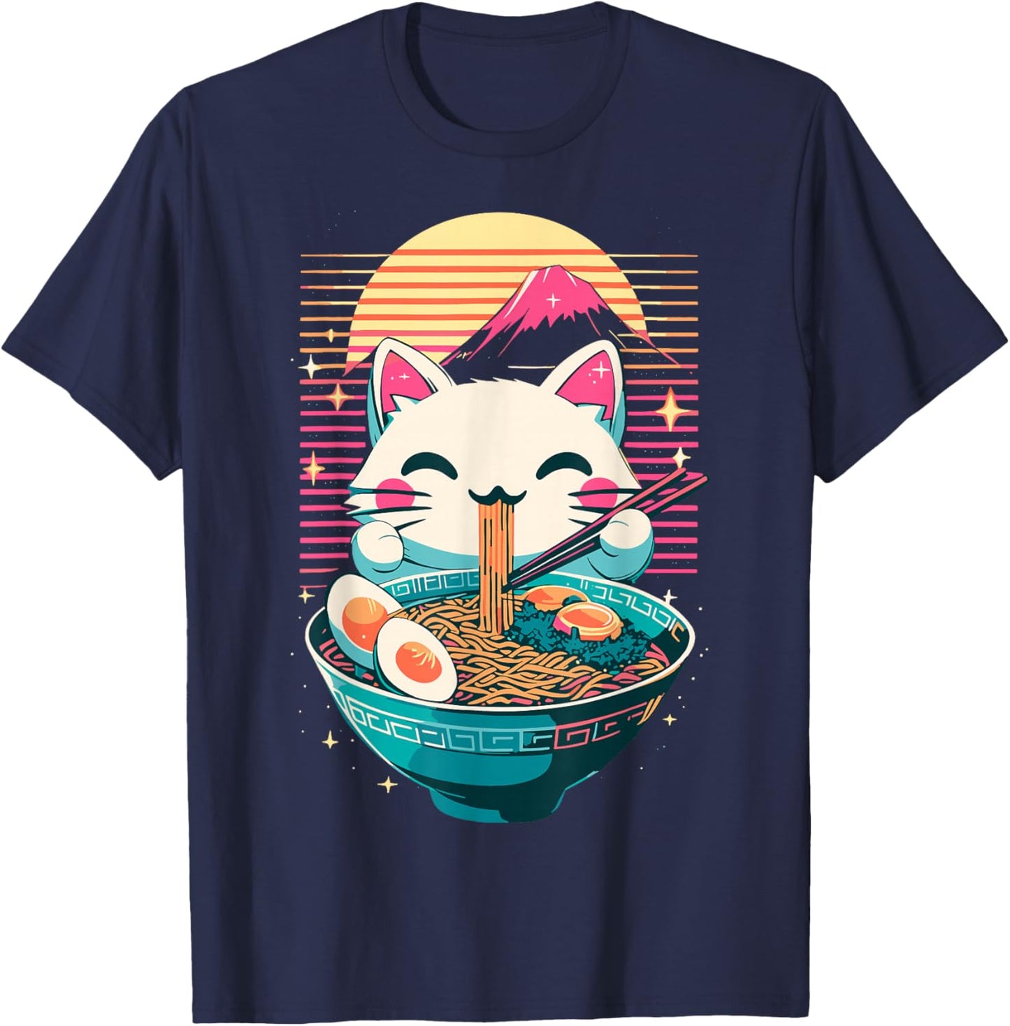 Anime Cat Eating Ramen Japanese Ramen Cat Japan T-Shirt - T-Shirt | Navy