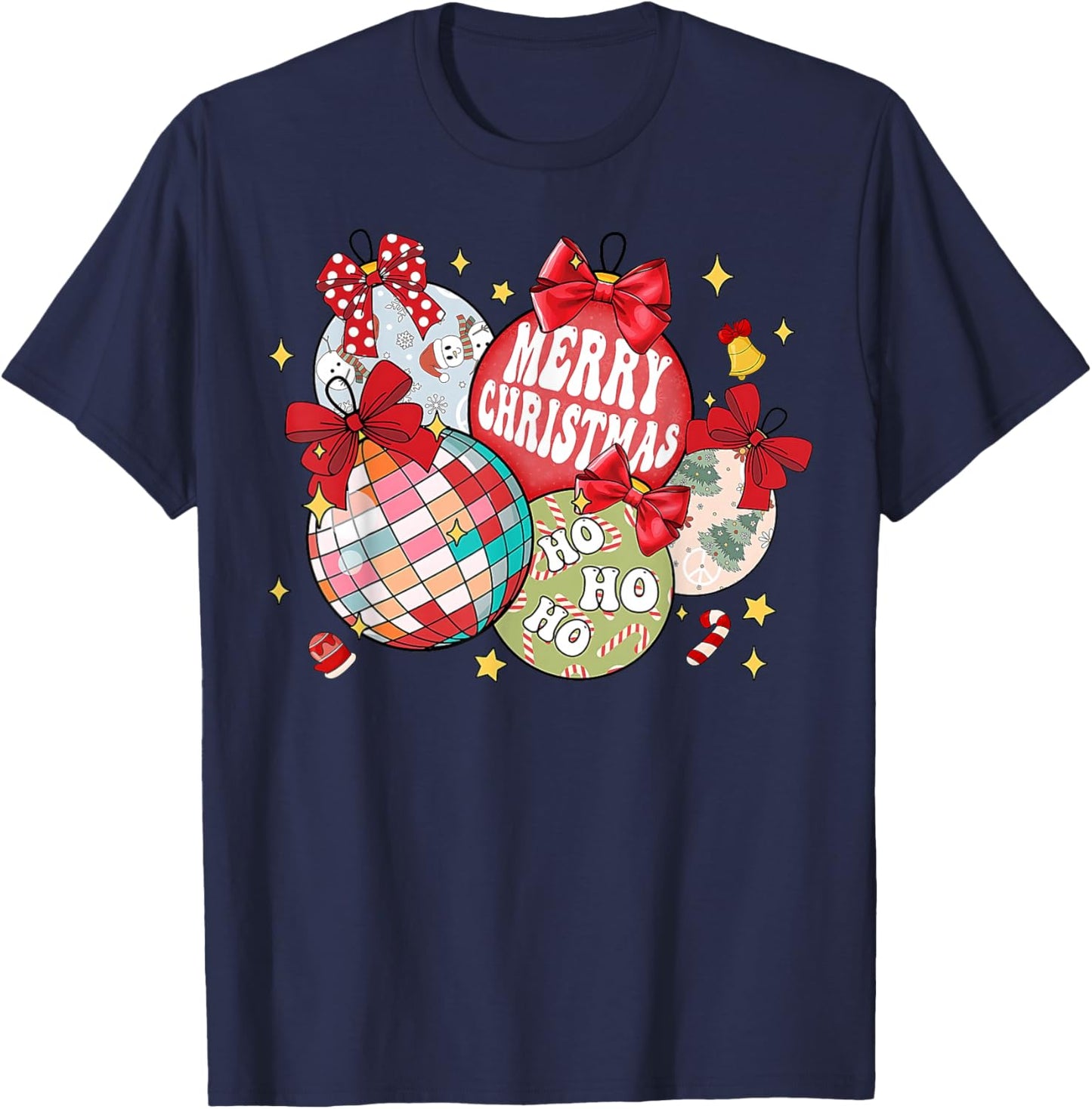 Merry Christmas Ornaments Disco Ball Coquette Bow Xmas Tree T-Shirt - T-Shirt | Navy