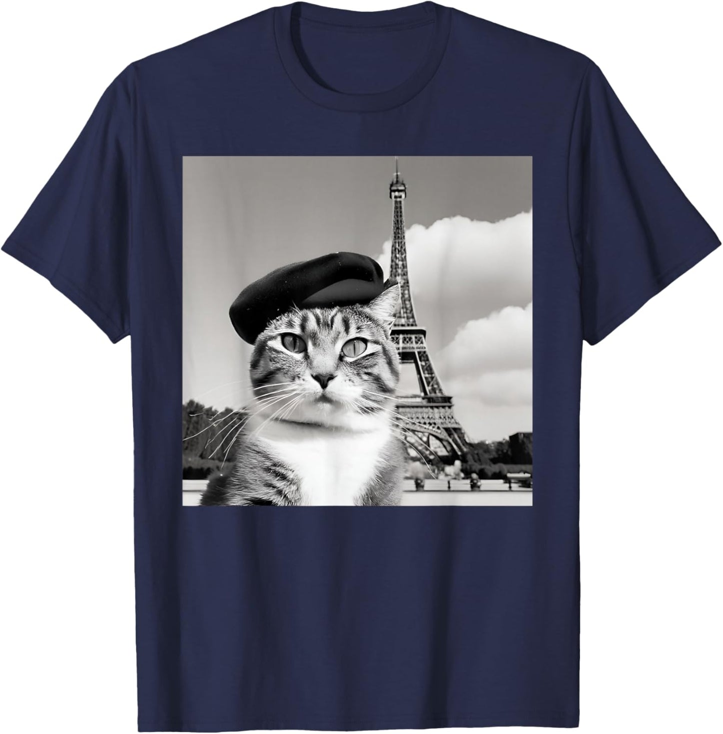 Funny Cat Wearing a Beret at The Eiffel Tower in France T-Shirt - T-Shirt | Navy