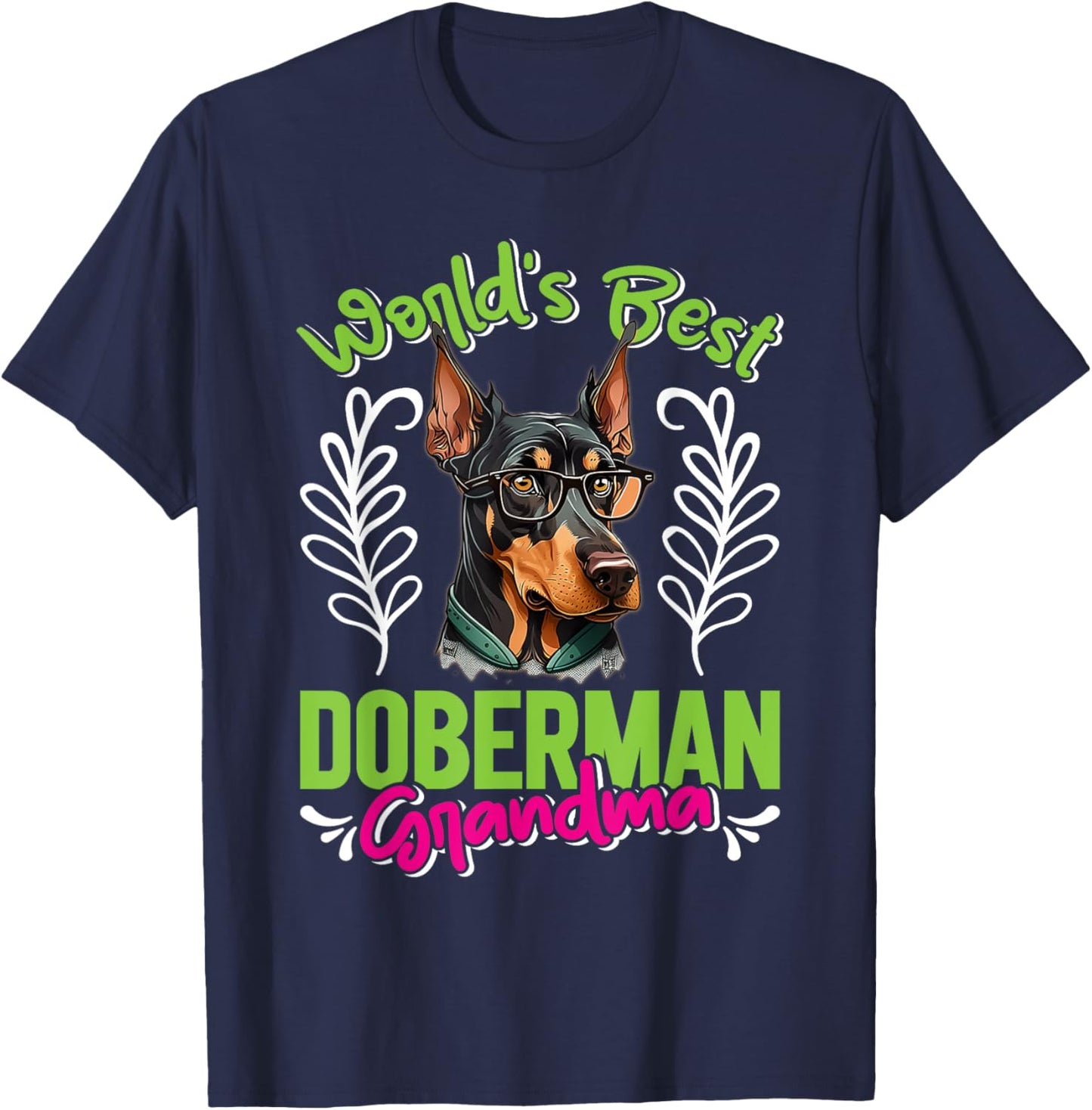 Dobie WORLD'S BEST DOBERMAN GRANDMA Dog Granny Dobies - Adults, Short Sleeve, Black, Small, Classic Fit, Cotton Blend, Dog-Themed, Classic Style T-Shirt - T-Shirt | Navy