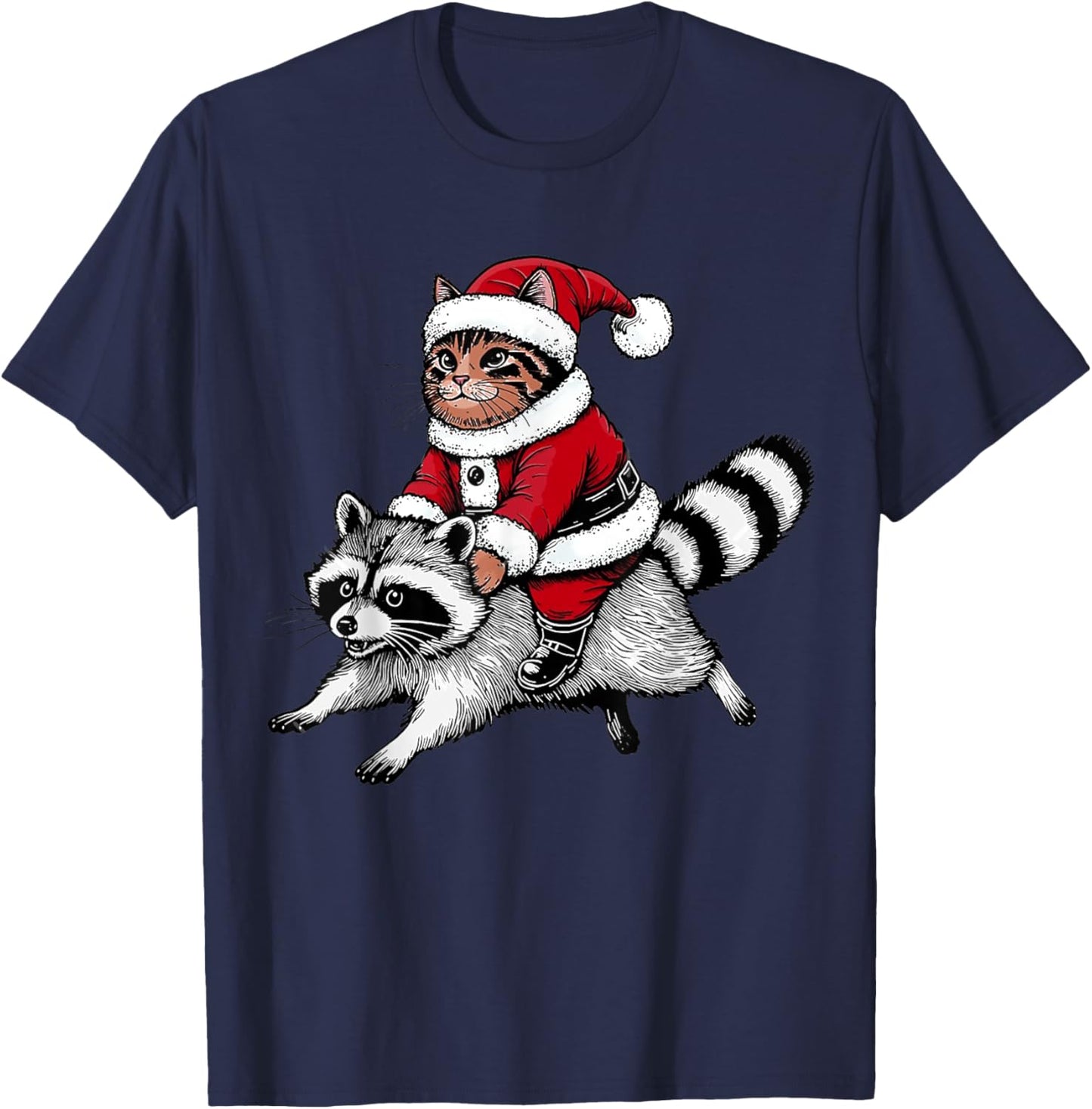 Santa Cat Riding A Raccoon Christmas Men Women Kids T-Shirt - T-Shirt | Navy