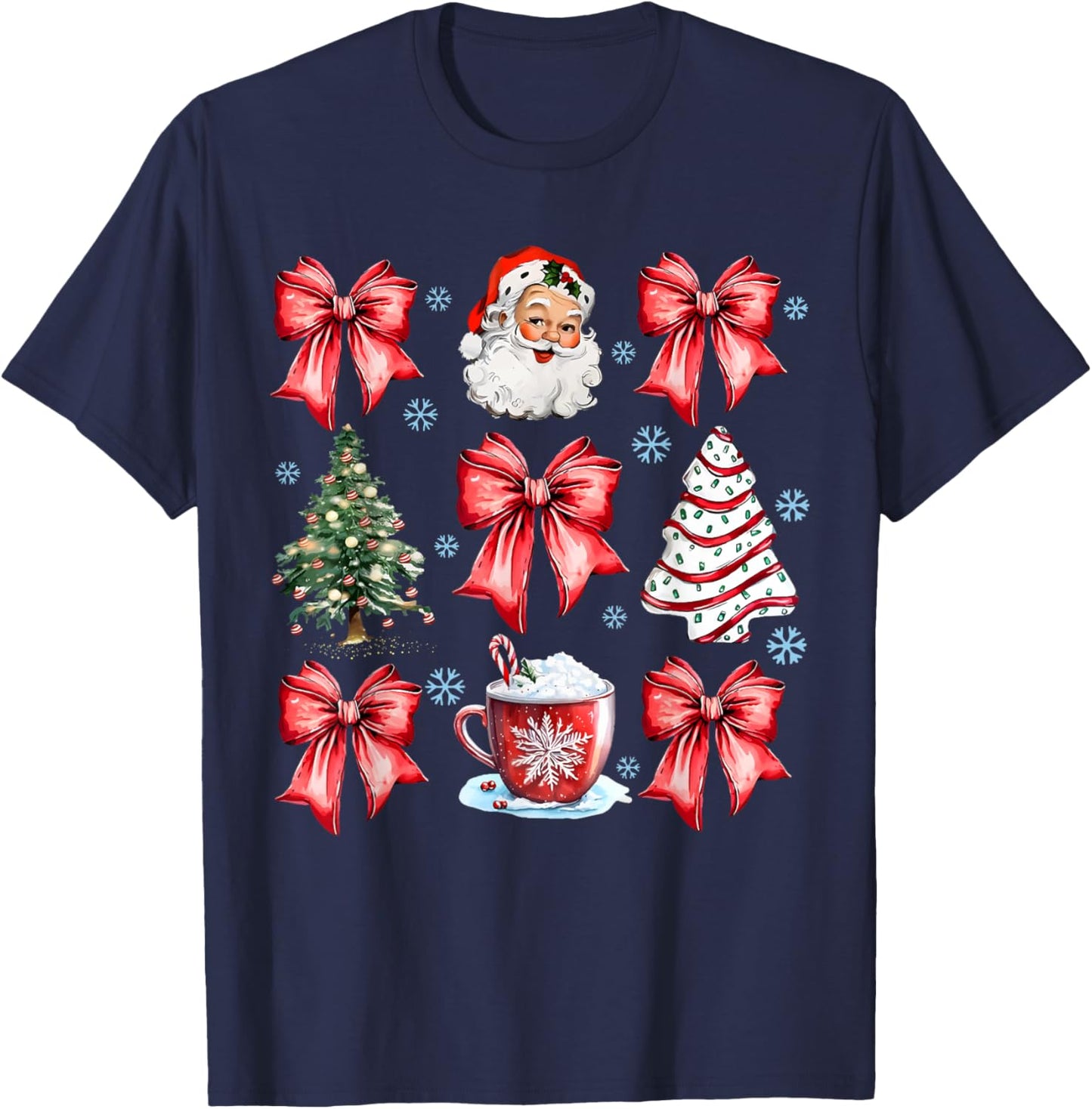 Coquette Bow Santa Christmas Tree Cake Candy Cane Girly Xmas T-Shirt - T-Shirt | Navy