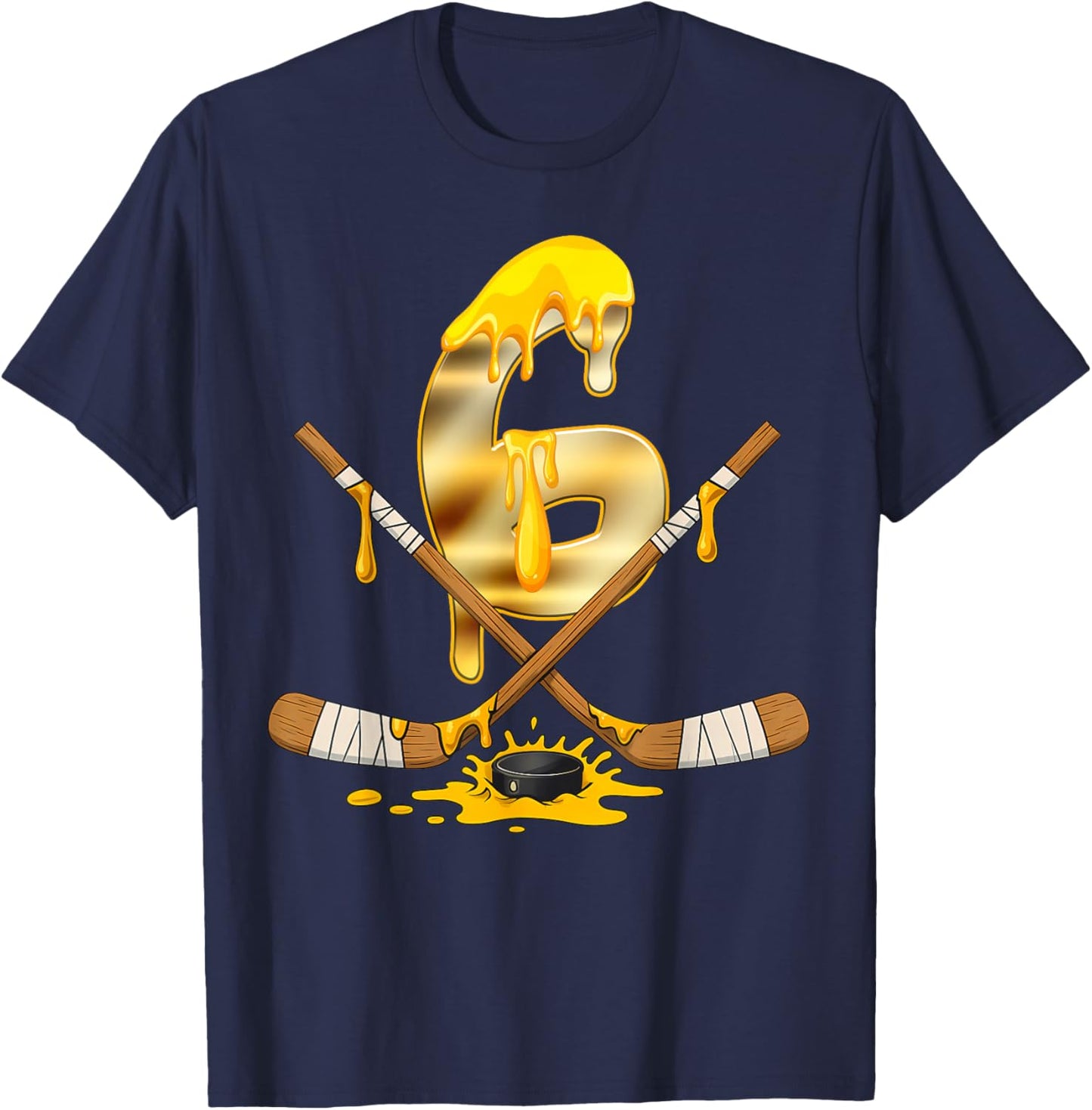 6 Years Old Golden Hockey Drip Youth 6th Birthday Boys T-Shirt - T-Shirt | Navy
