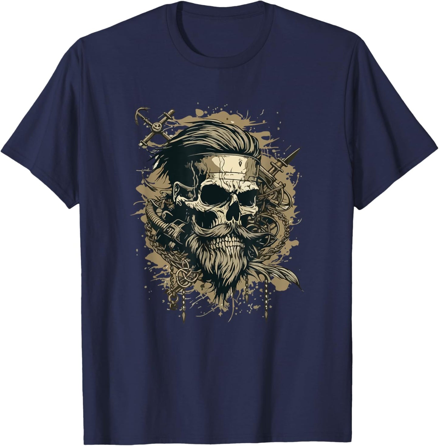 Skull Beard Undercut Pirate Vintage Captain Skeleton Biker T-Shirt - T-Shirt | Navy
