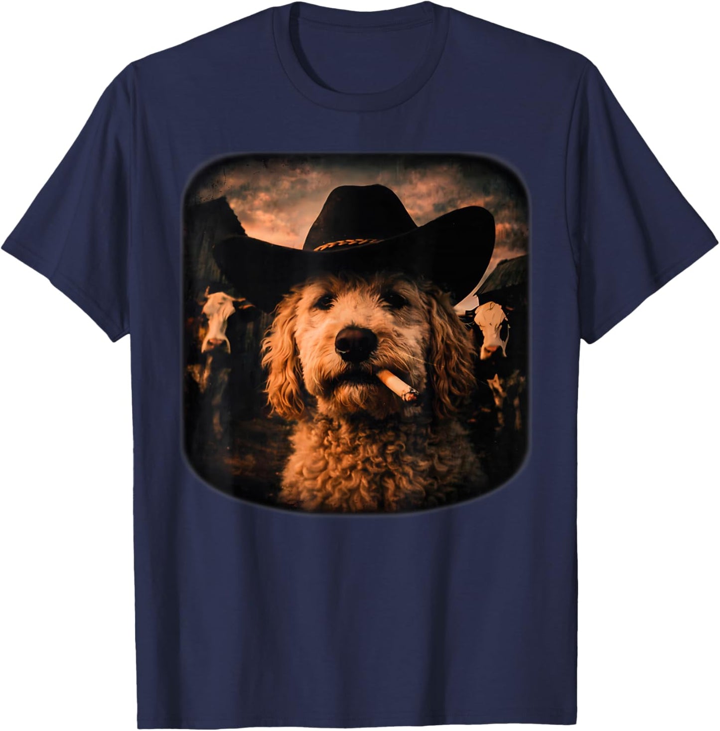 Cowboy Golden Doodle Smoking Cigarette Western Country Dog T-Shirt - T-Shirt | Navy