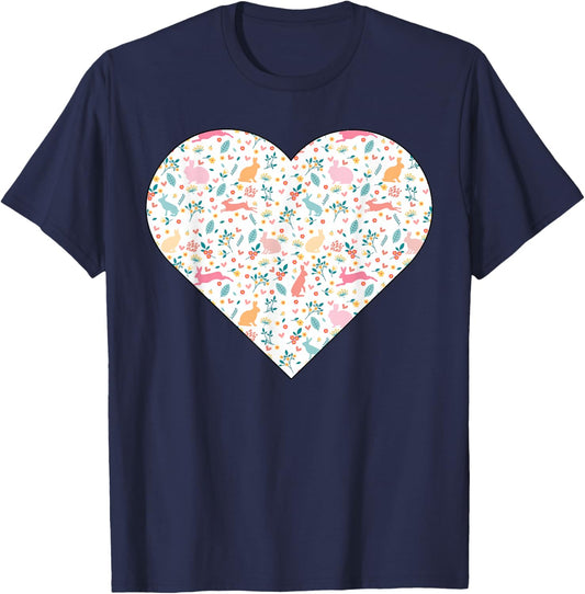 Cœur rempli de Lapins et de Verdure de Couleur Pastel T-Shirt - T-Shirt | Navy