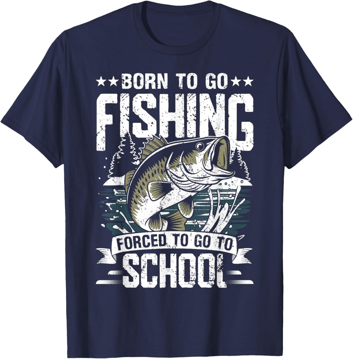 Teen Boys Fishing Shirt Forced to Go to School Bass Fish T-Shirt - T-Shirt | Navy