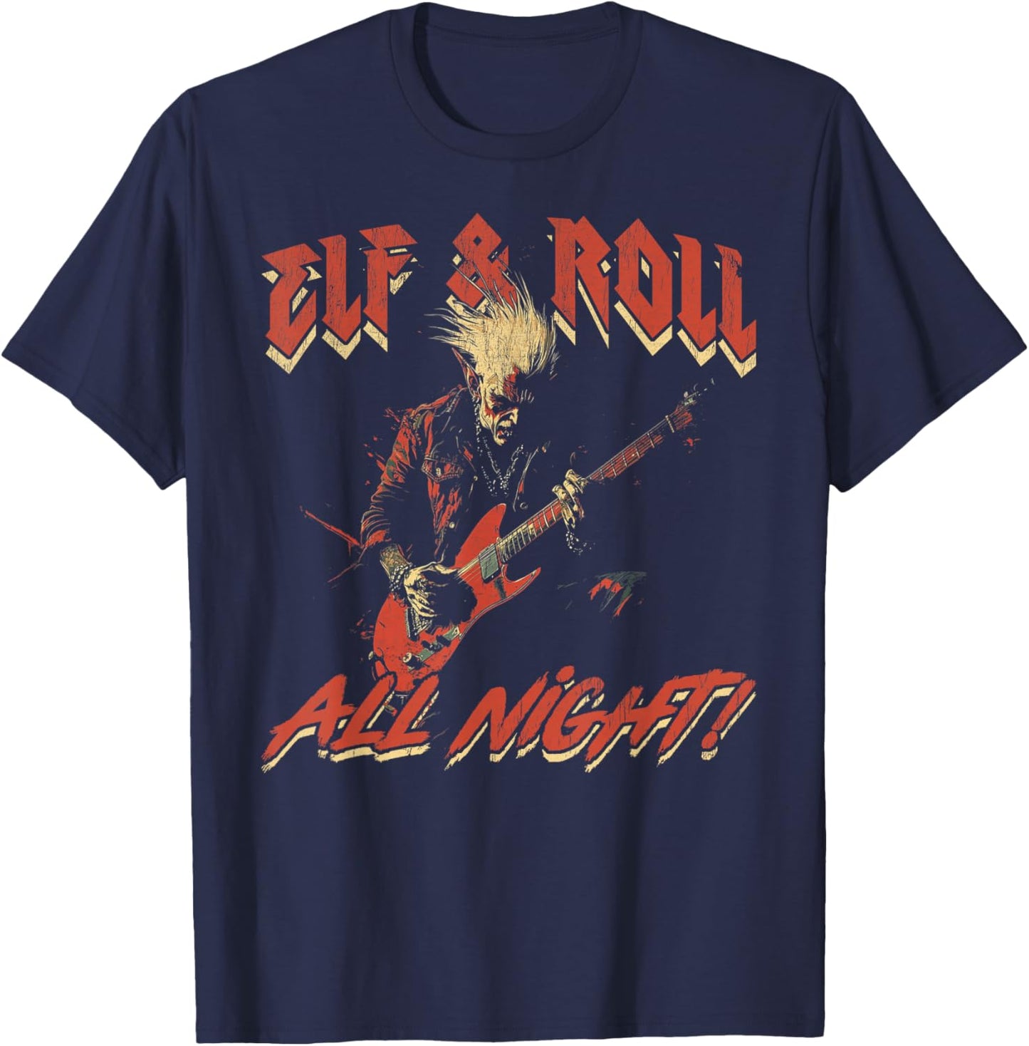 Elf & Roll All Night Rockin' Christmas Elf Music T-Shirt - T-Shirt | Navy