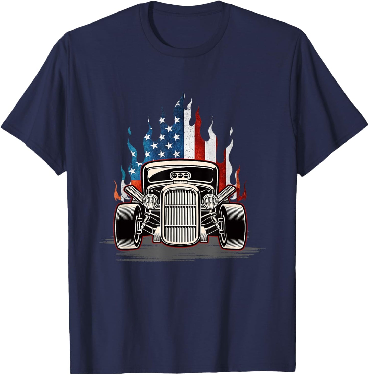 American Flag Vintage Hot Rod Veteran Memorial Day July 4 T-Shirt - T-Shirt | Navy