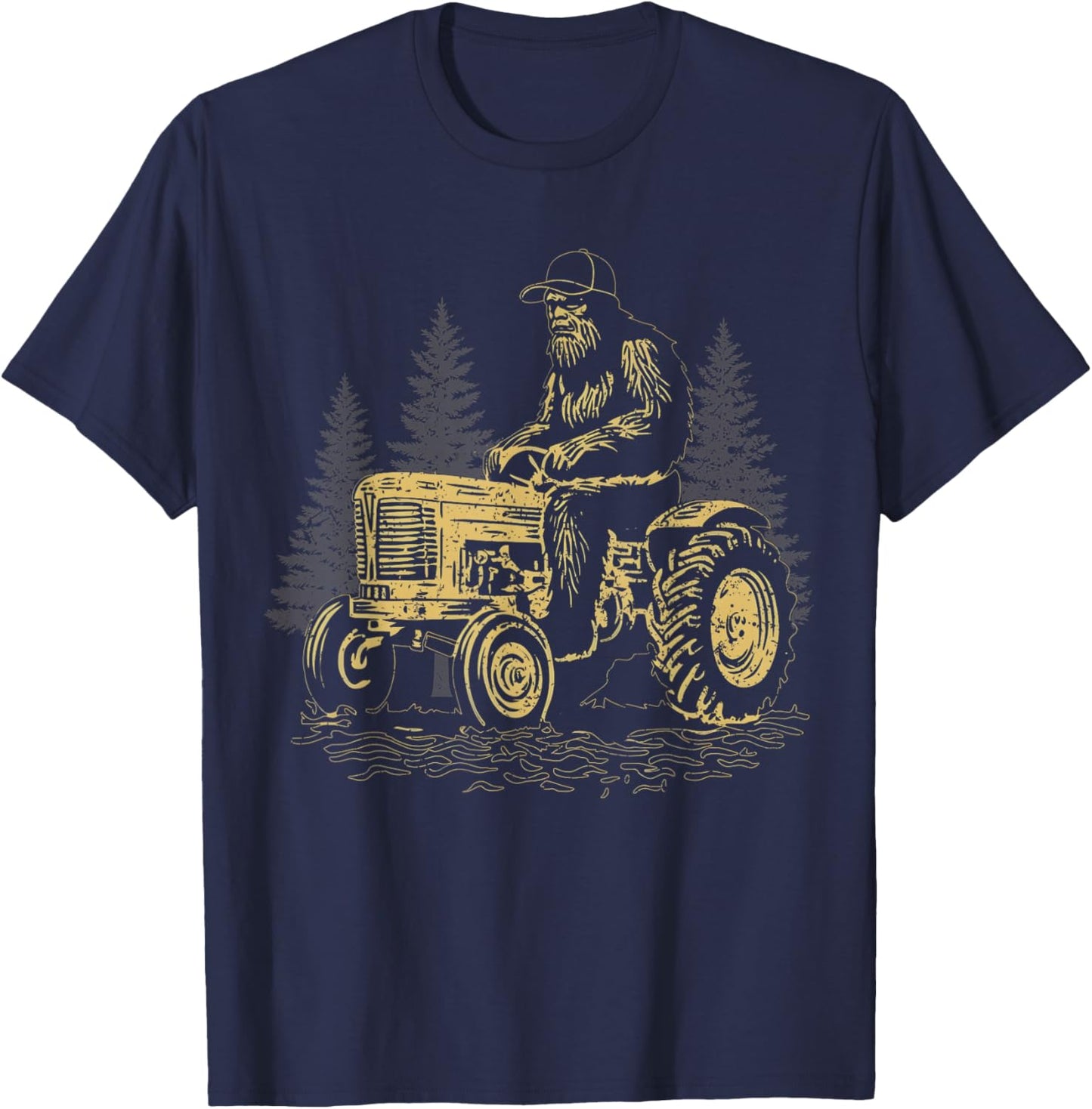 Bigfoot Farmer Riding Tractor Sasquatch Farming Dad Retro T-Shirt - T-Shirt | Navy