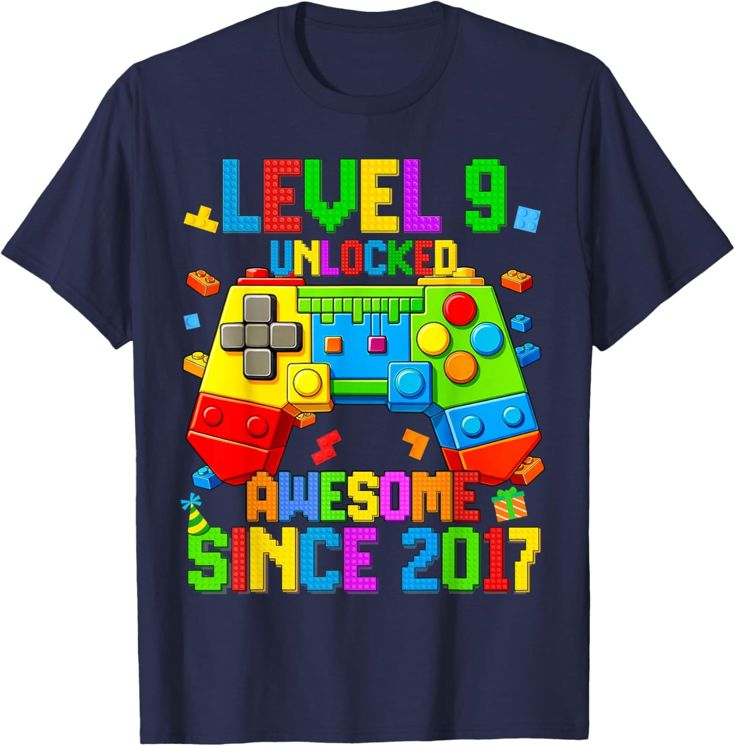 Level 9 Unlocked Awesome Building Brick Birthday Men Boy Kid T-Shirt - T-Shirt | Navy