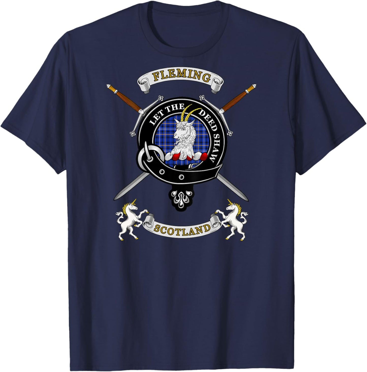 Fleming Scottish Clan Badge Tartan & Swords (Back) T-Shirt - T-Shirt | Navy