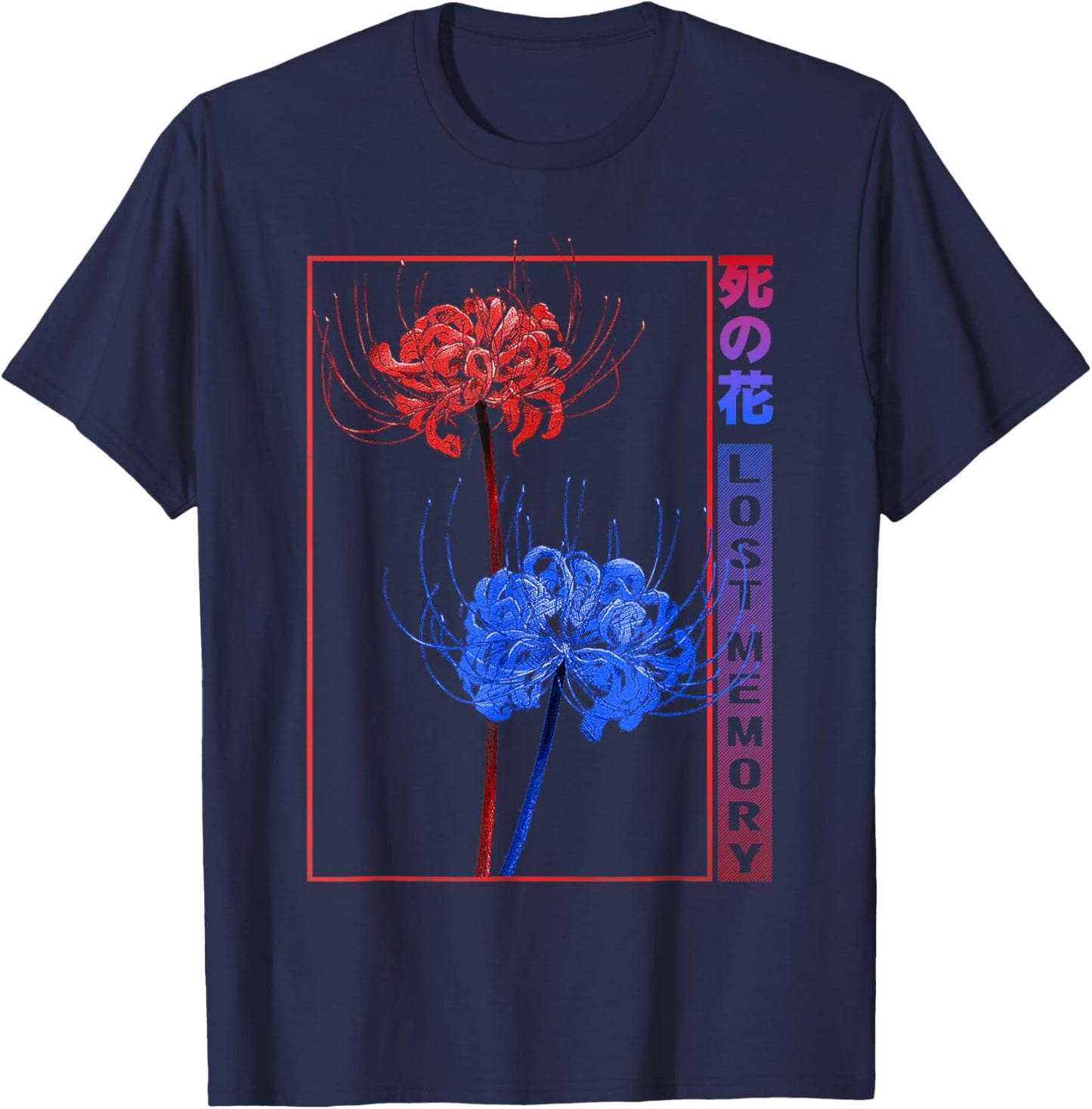 Japanese Red Blue Spider Lily Soft Grunge Aesthetic Flower T-Shirt - T-Shirt | Navy