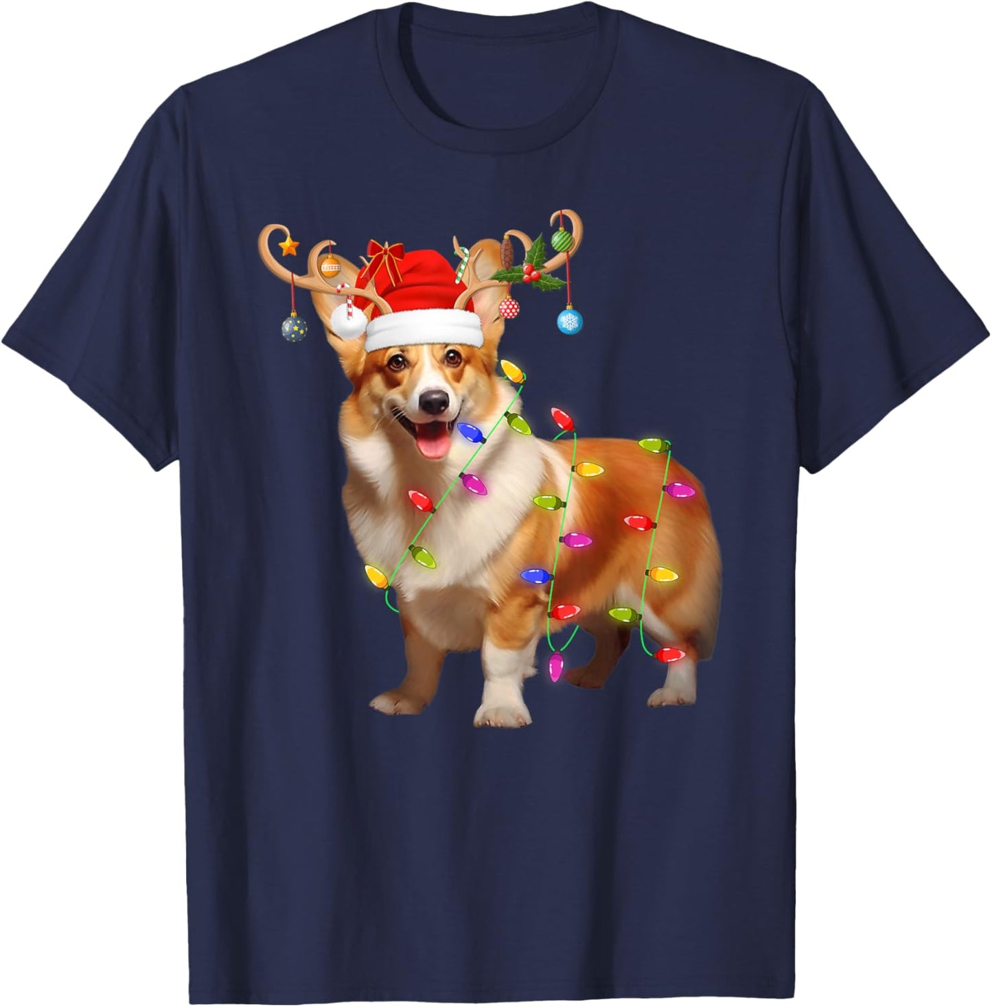 Corgi Dog Xmas Lights Reindeer Santa Corgi Dog Christmas T-Shirt - T-Shirt | Navy