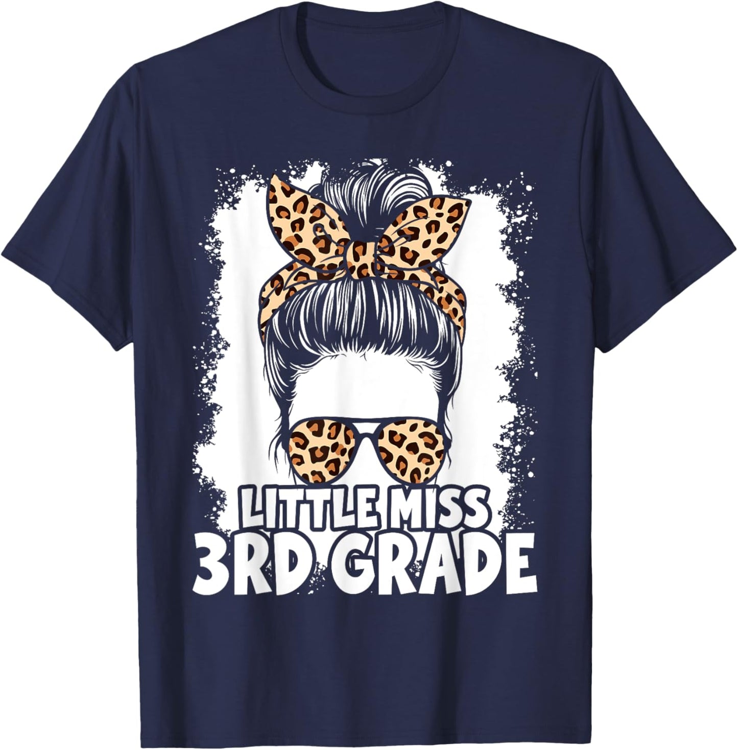 Hello 3rd Grade Messy Hair Bun Girl Leopard Back To School T-Shirt - T-Shirt | Navy