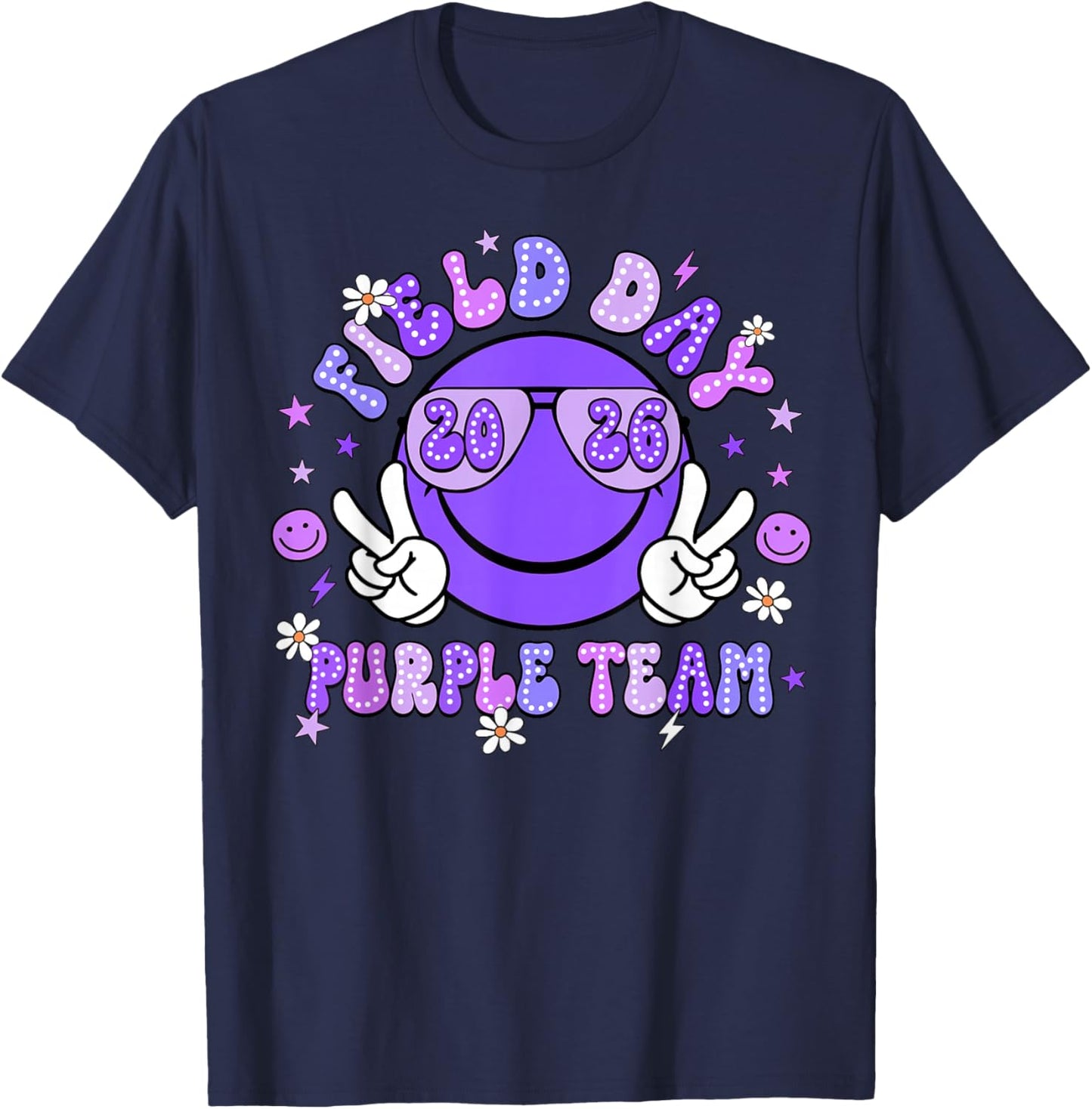 Field Day Purple Team 2026 Smile Face Sunglasses Kid Teacher T-Shirt - T-Shirt | Navy