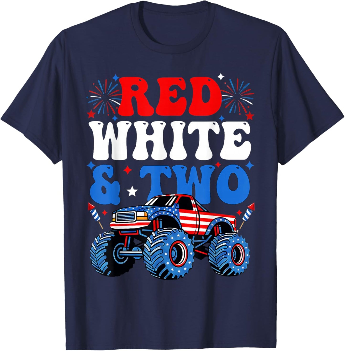 2nd Birthday Boy Monster Truck Red White and Two 4th of July T-Shirt - T-Shirt | Navy