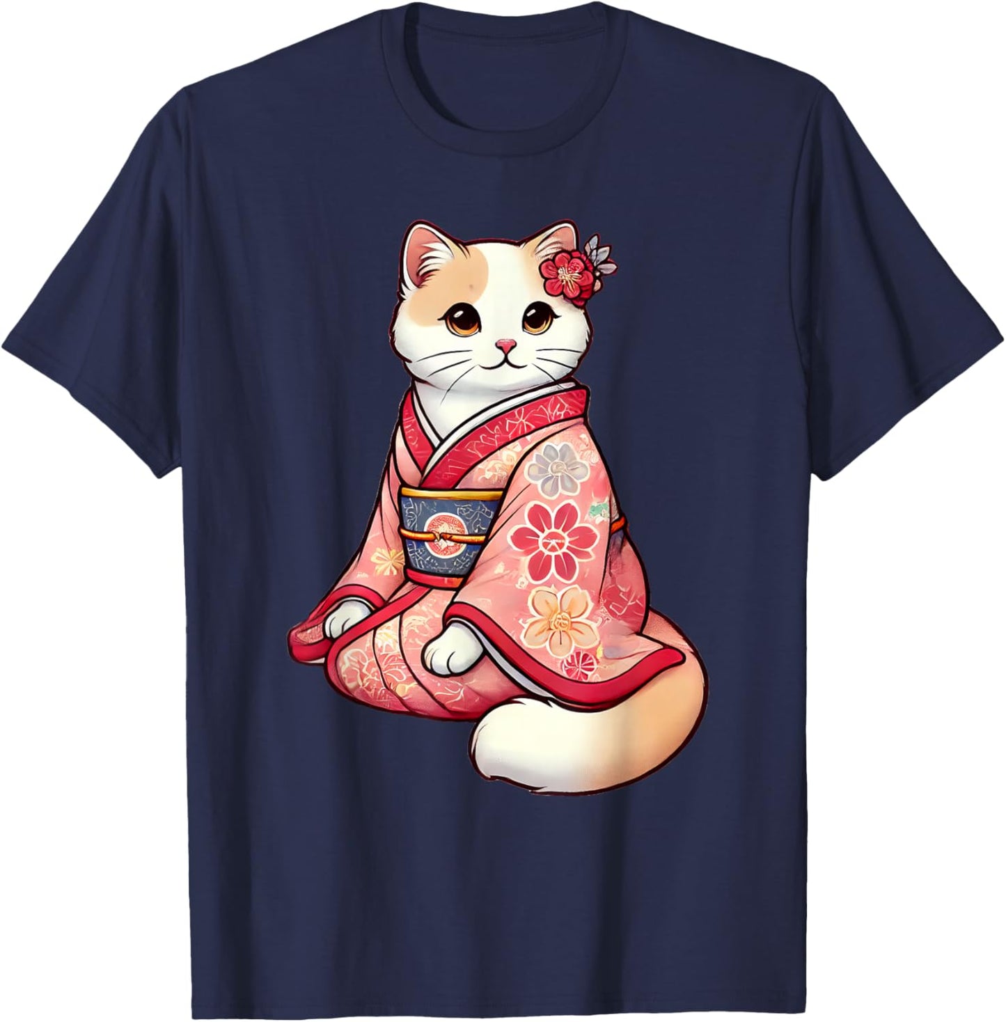 Anime Kawaii Cat Japanese Kimono T-Shirt - T-Shirt | Navy