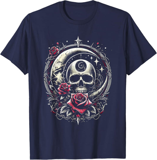 Moon Rose Skull Gothic Illustration Emo Death Metal Punk T-Shirt - T-Shirt | Navy