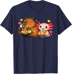 Cute Capybara Ramen and Axolotl Boba Kawaii Boys Girls Kids T-Shirt - T-Shirt | Navy