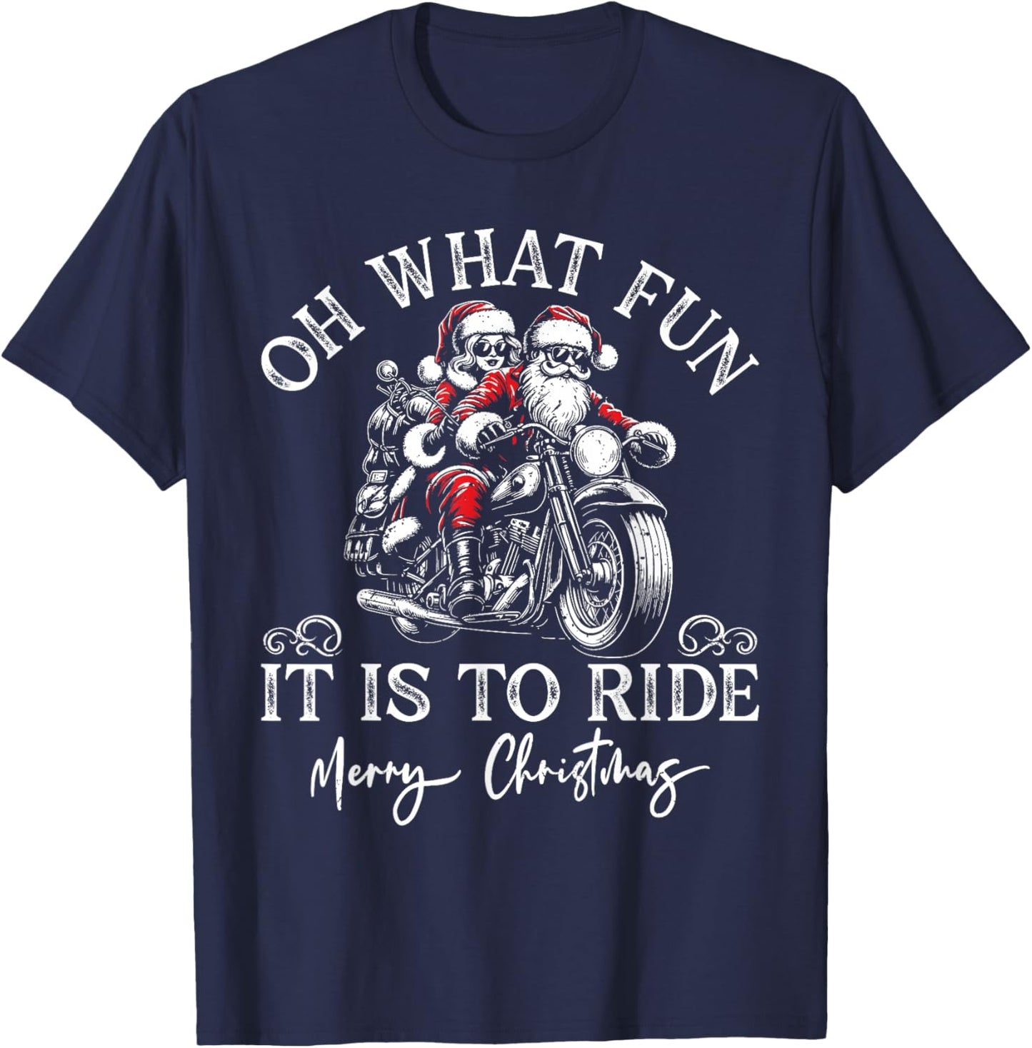 Santa & Mrs. Claus Motorcycle Ride Vintage Christmas Xmas T-Shirt - T-Shirt | Navy