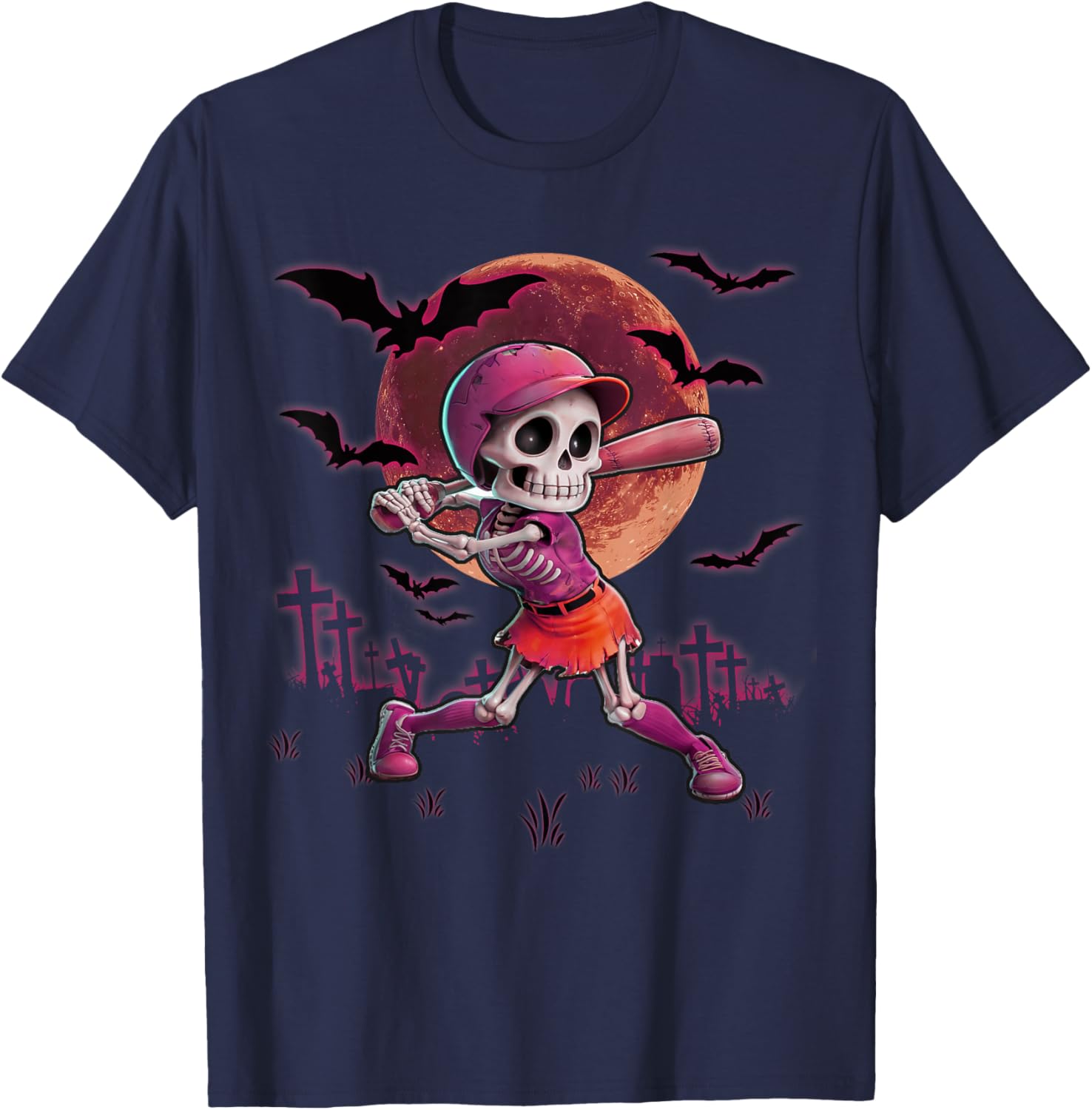 Softball Halloween Skeleton Girl Spooky Season Practice T-Shirt - T-Shirt | Navy