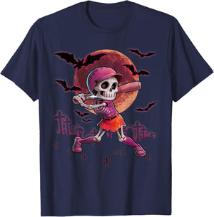 Softball Halloween Skeleton Girl Spooky Season Practice T-Shirt - T-Shirt | Navy