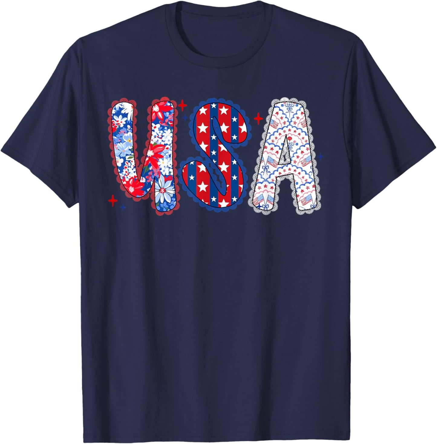 Floral USA Coquette Bow Preppy 4th of July American Flag T-Shirt - T-Shirt | Navy