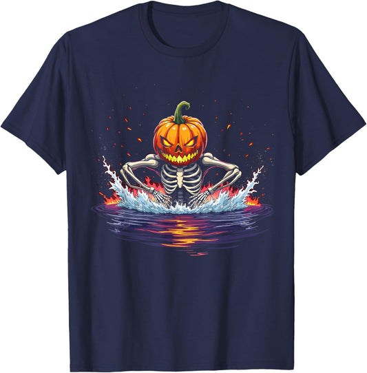 Pumpkin Head Skeleton Swimming Halloween Spooky Sports T-Shirt - T-Shirt | Navy