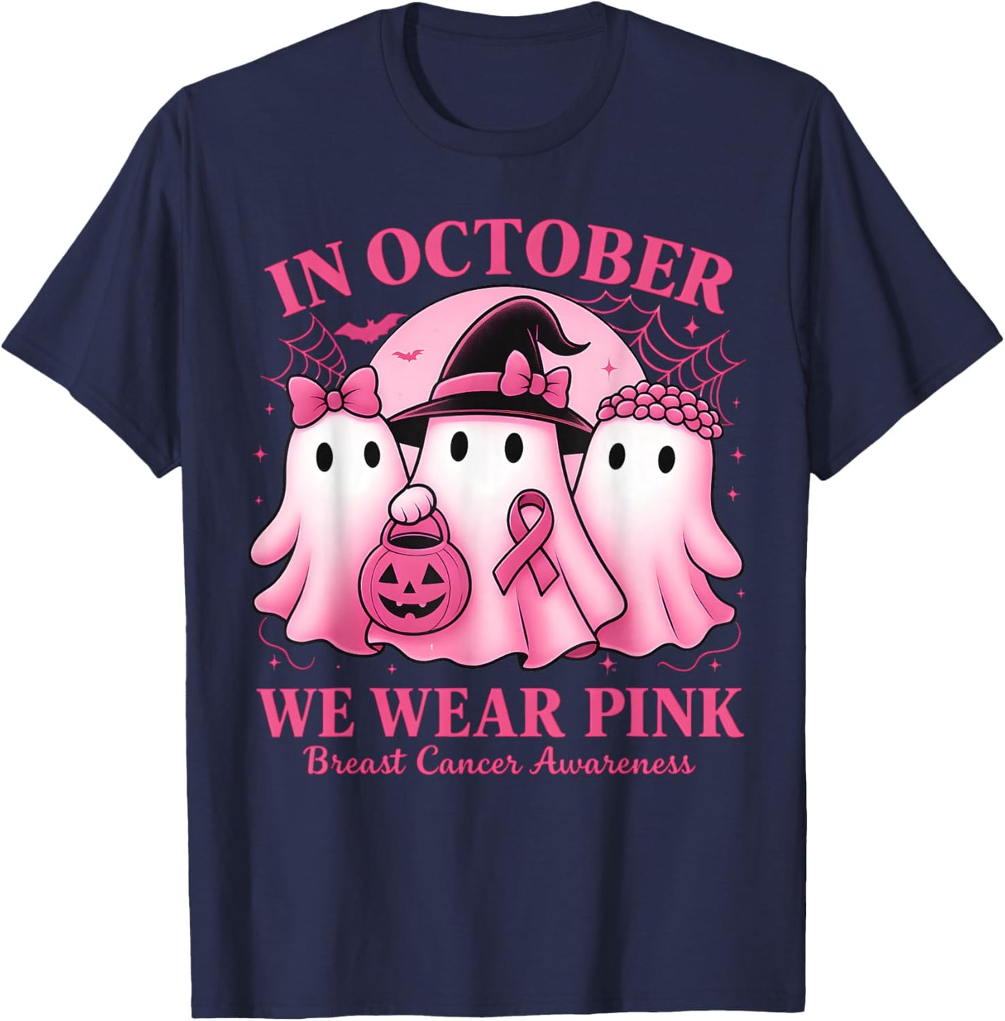 in October We Wear Pink Ghost Halloween Women Breast Cancer T-Shirt - T-Shirt | Navy