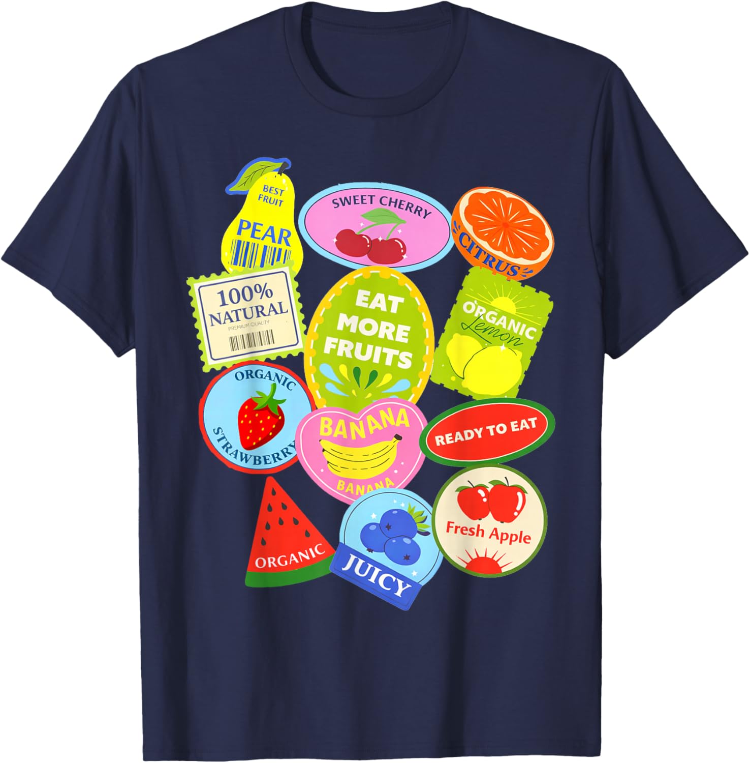 Fruit Stickers Sweet Summer Eat More Fruits Funny T-Shirt - T-Shirt | Navy